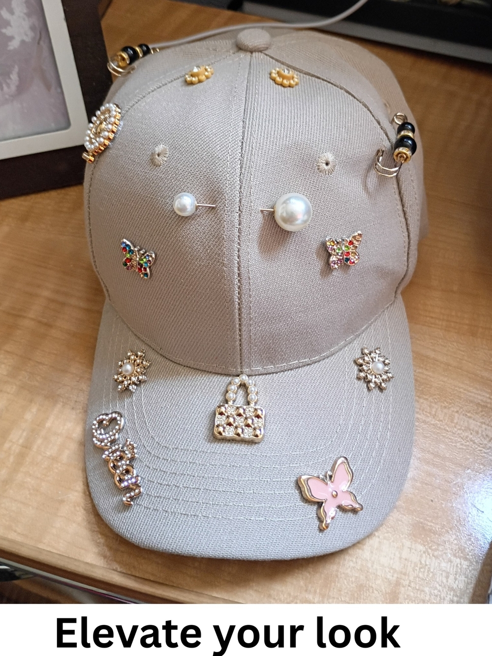 Embellished Beige Baseball Cap with Pearl & Charm Accents